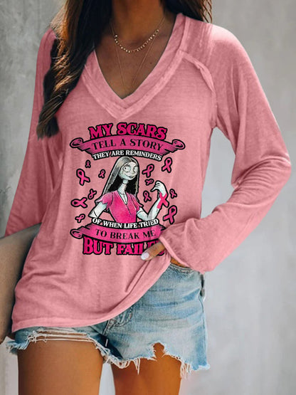 V-Neck Breast Cancer Awareness My Scars Tell A Story They Are Reminders Of When Life Tries To Break Me But Failed Long Sleeve T-Shirt