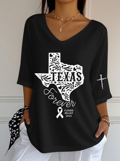 🙏💔Join us in praying for Texas.🙏Women's Texas Flood Print Casual V Neck T-Shirt