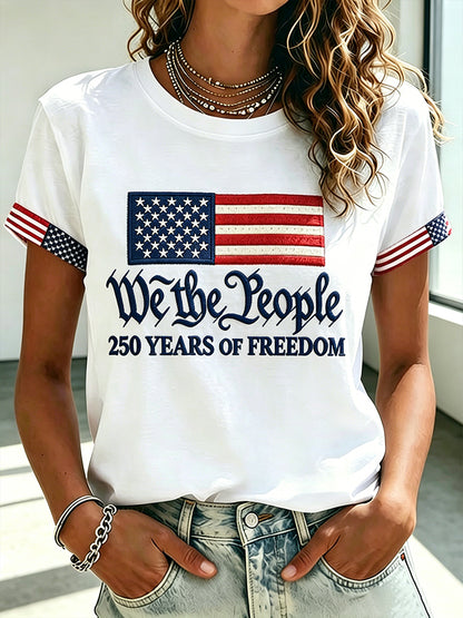 Women'S Casual 250 Commemorative Printed Embroidered Round Neck Short Sleeved T-Shirt