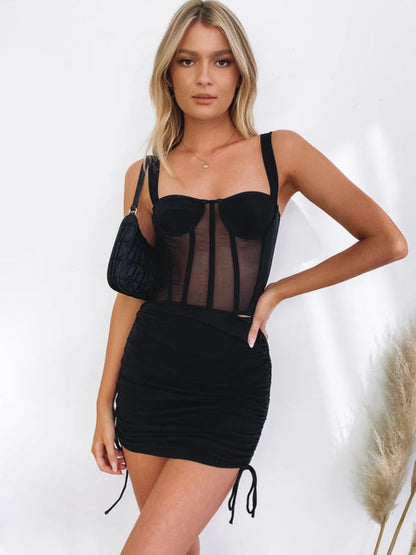 Women's Mini Skirt Black elastic adjustable with side drawstring