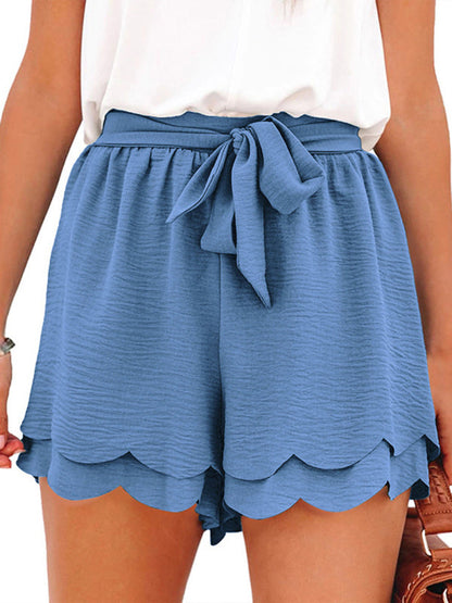 Women's Shorts layered elegant casual drawstring with belt