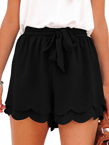 Women's Shorts layered elegant casual drawstring with belt