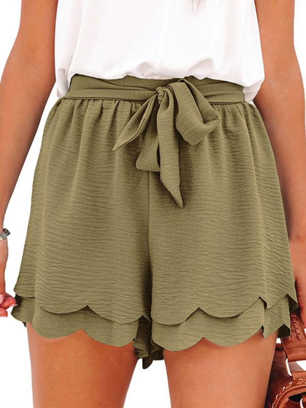 Women's Shorts layered elegant casual drawstring with belt