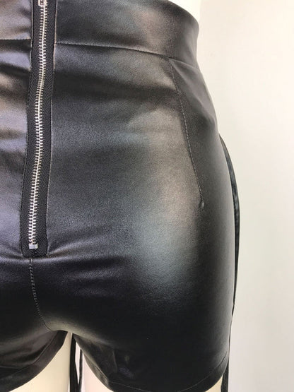 Women's Shorts PU leather elegant sexy, braided leather rope, zipper