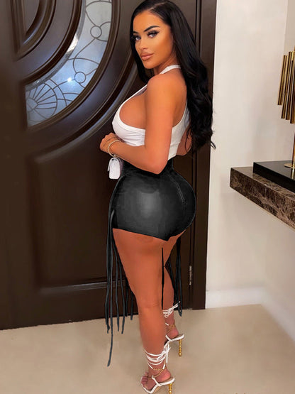 Women's Shorts PU leather elegant sexy, braided leather rope, zipper