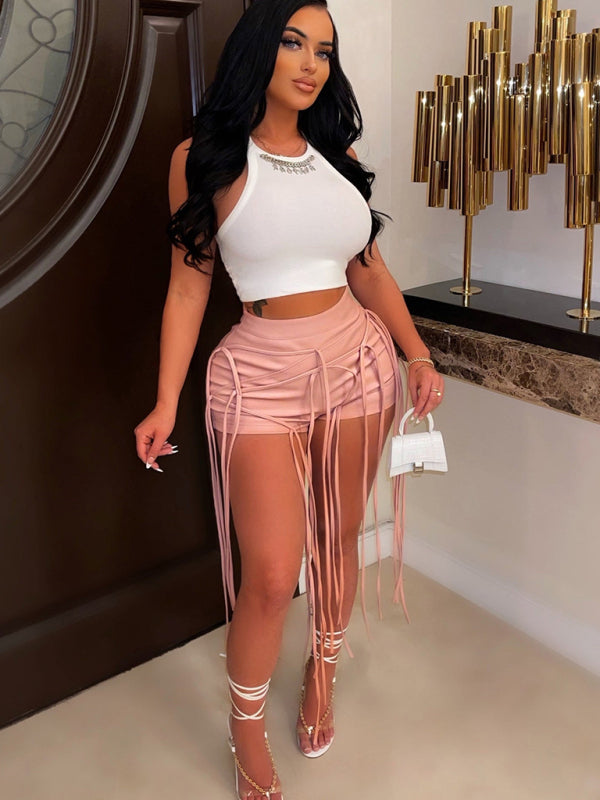 Women's Shorts PU leather elegant sexy, braided leather rope, zipper