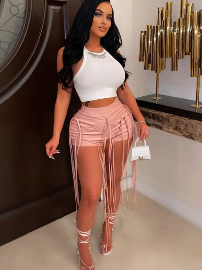 Women's Shorts PU leather elegant sexy, braided leather rope, zipper