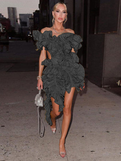 Women's mini dress irregular buckles sleeveless backless elegant