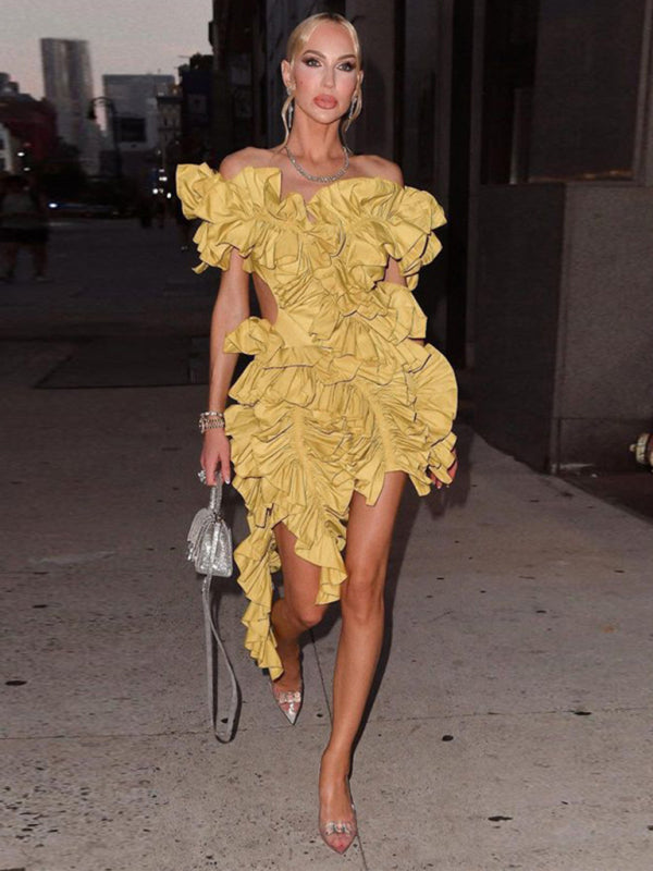 Women's mini dress irregular buckles sleeveless backless elegant