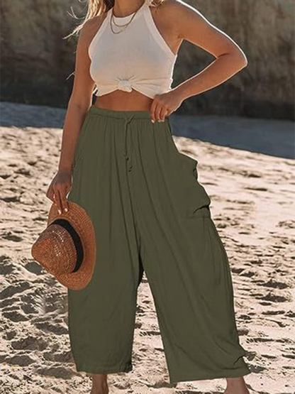 Women's pants drawstring elegant, wide leg with pockets, loose casual