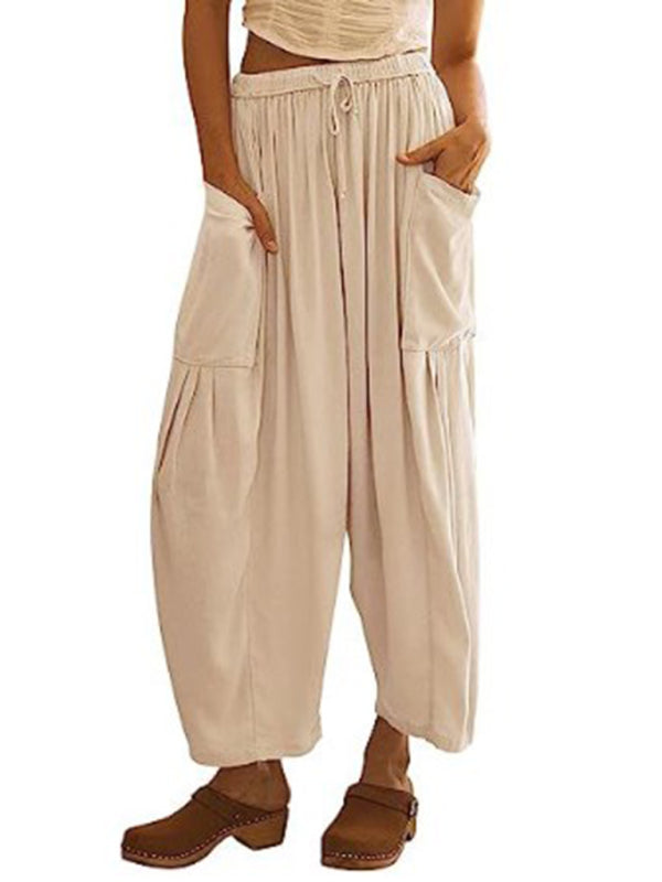 Women's pants drawstring elegant, wide leg with pockets, loose casual