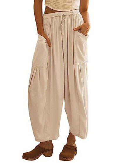 Women's pants drawstring elegant, wide leg with pockets, loose casual