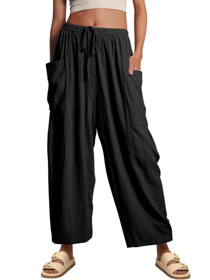 Women's pants drawstring elegant, wide leg with pockets, loose casual