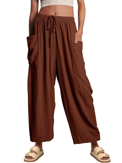 Women's pants drawstring elegant, wide leg with pockets, loose casual