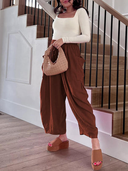 Women's pants drawstring elegant, wide leg with pockets, loose casual