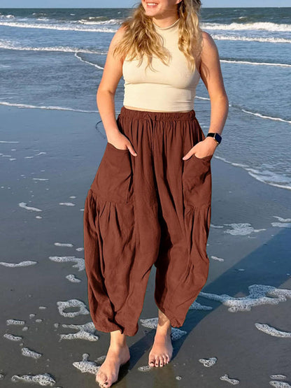 Women's pants drawstring elegant, wide leg with pockets, loose casual