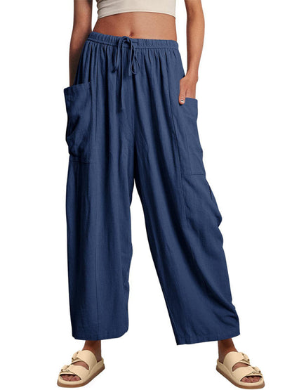Women's pants drawstring elegant, wide leg with pockets, loose casual
