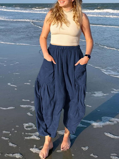 Women's pants drawstring elegant, wide leg with pockets, loose casual