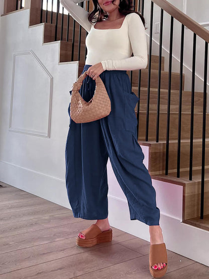 Women's pants drawstring elegant, wide leg with pockets, loose casual