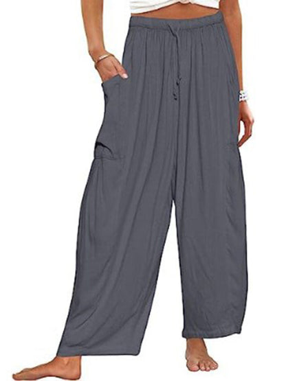 Women's pants drawstring elegant, wide leg with pockets, loose casual
