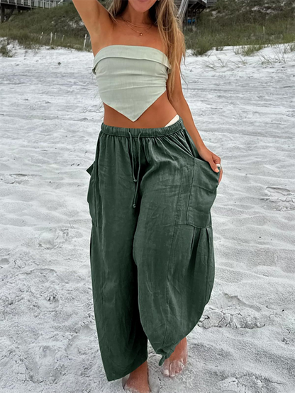 Women's pants drawstring elegant, wide leg with pockets, loose casual