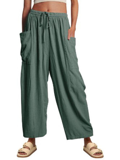 Women's pants drawstring elegant, wide leg with pockets, loose casual