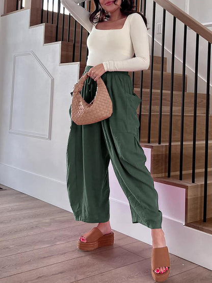 Women's pants drawstring elegant, wide leg with pockets, loose casual