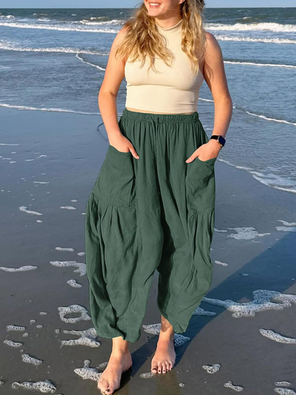 Women's pants drawstring elegant, wide leg with pockets, loose casual