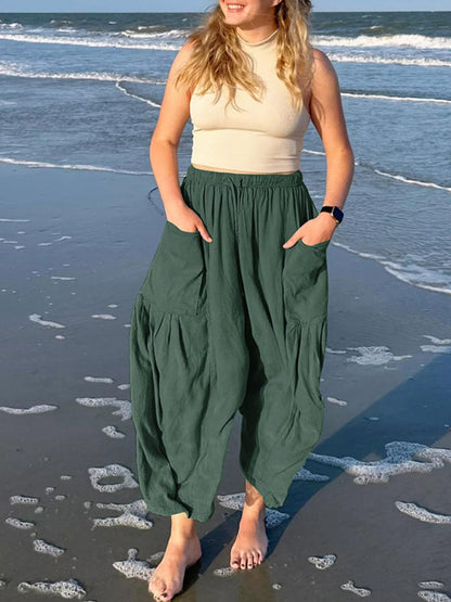 Women's pants drawstring elegant, wide leg with pockets, loose casual