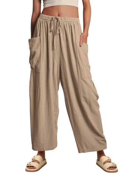 Women's pants drawstring elegant, wide leg with pockets, loose casual