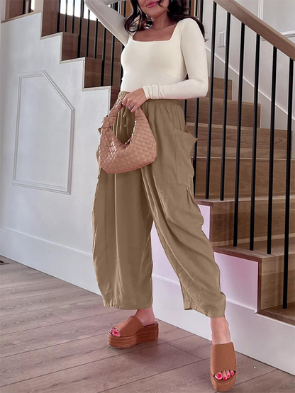 Women's pants drawstring elegant, wide leg with pockets, loose casual