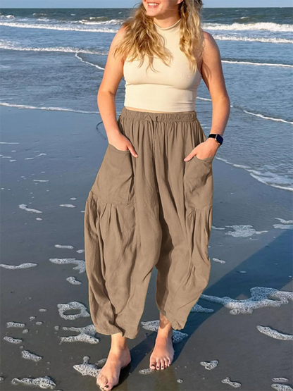 Women's pants drawstring elegant, wide leg with pockets, loose casual