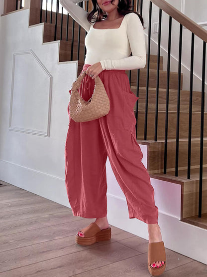 Women's pants drawstring elegant, wide leg with pockets, loose casual