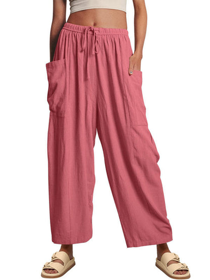 Women's pants drawstring elegant, wide leg with pockets, loose casual