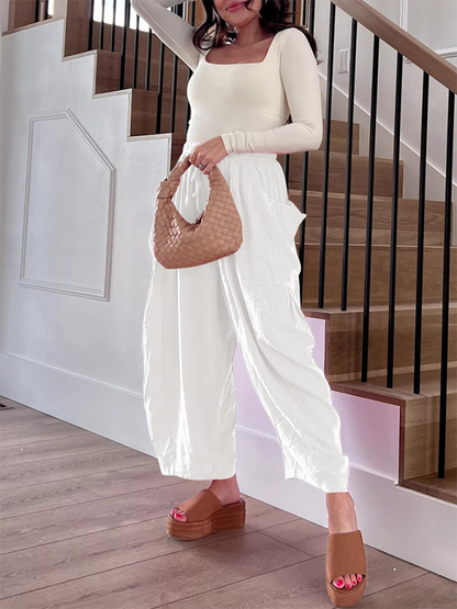 Women's pants drawstring elegant, wide leg with pockets, loose casual