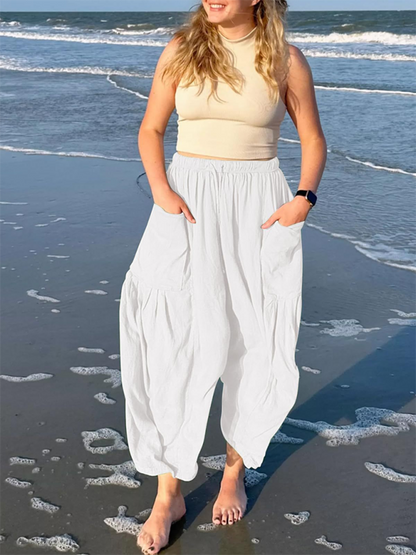 Women's pants drawstring elegant, wide leg with pockets, loose casual