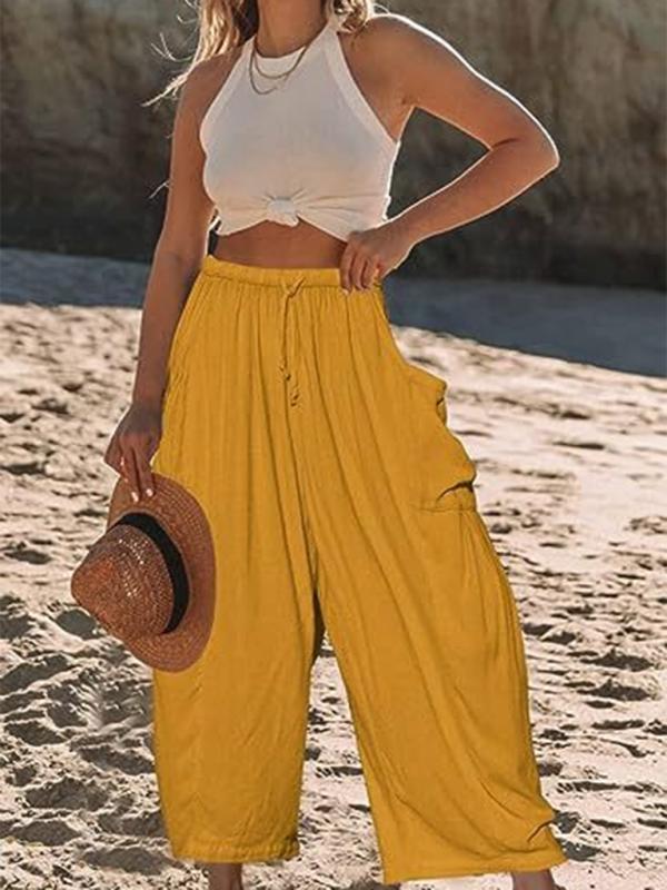 Women's pants drawstring elegant, wide leg with pockets, loose casual